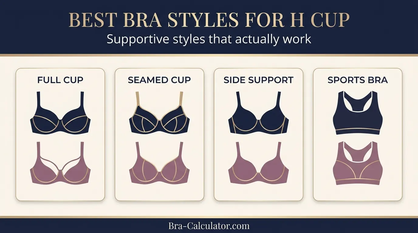 Best bra styles for H cup — Panache Andorra seamed, Elomi Matilda deep cup, Shock Absorber sports