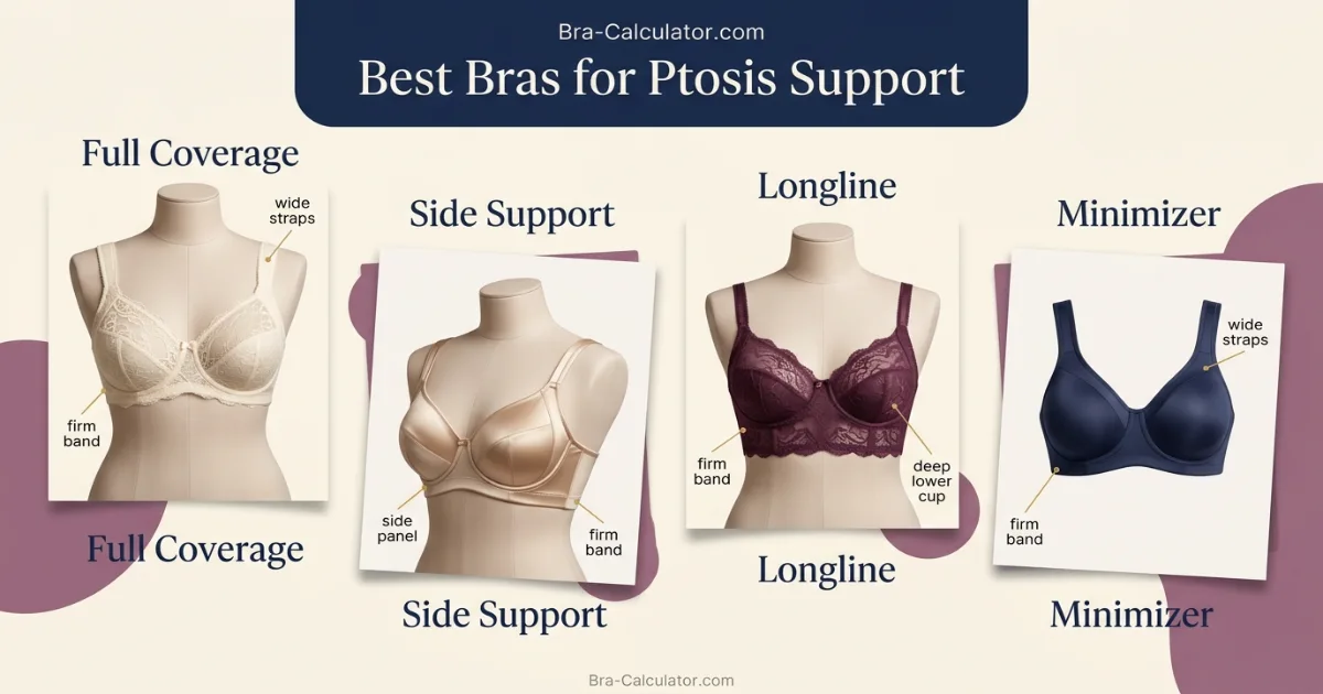 Best bra styles for breast ptosis showing full coverage side support longline and minimizer options
