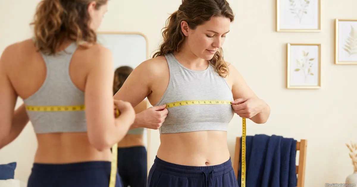 Woman measuring bust with soft tape measure for accurate bra size and body shape calculation