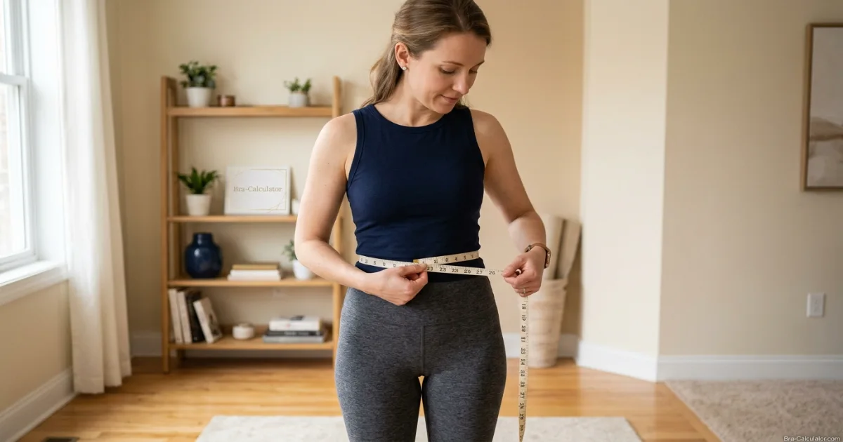 Woman measuring waist with tape measure for body shape calculation