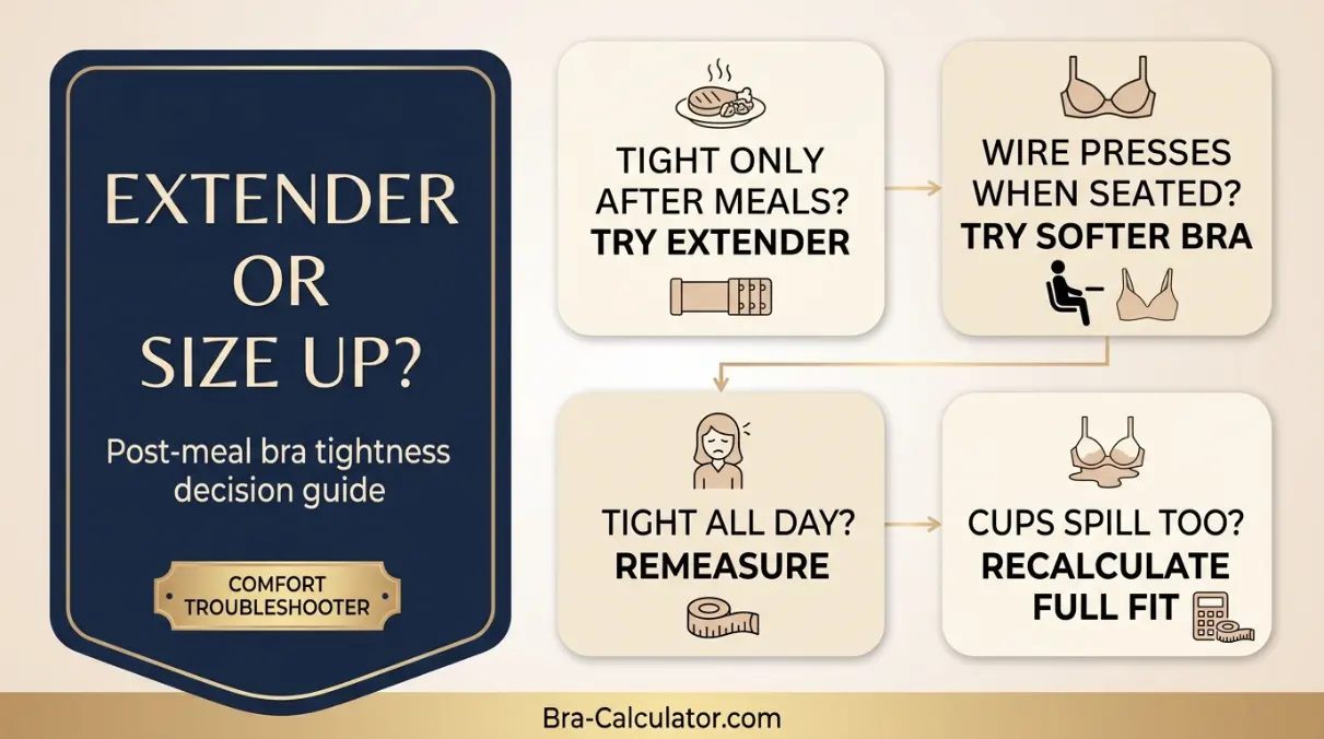 Decision tree showing when post-meal bra tightness needs an extender softer bra or full remeasurement