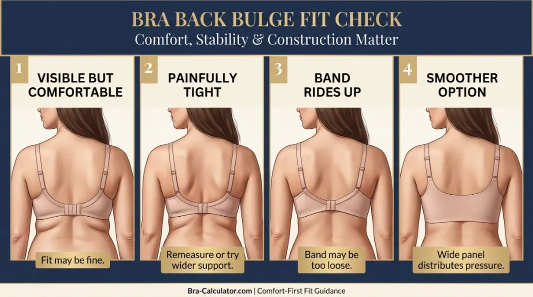 Bra back bulge diagram comparing tight band, riding-up band, cup spillage and smooth-back construction