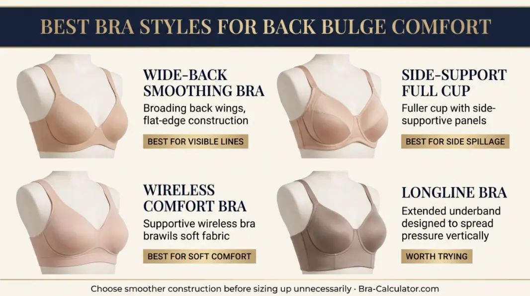 Comfort-first bra styles for back bulge showing wide-back, smoothing and side-support designs