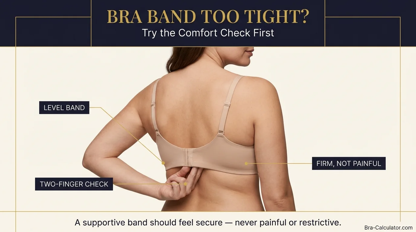 Bra band too tight comfort test infographic showing level band position and two finger fit check