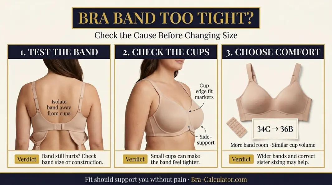 Bra band too tight fix guide showing sister sizing, softer bands and comfort fit checks