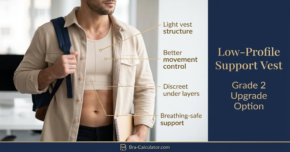 Light low profile support vest for Grade 2 gynecomastia movement control