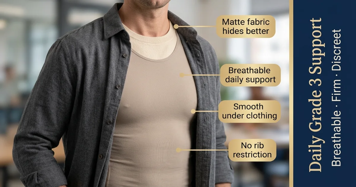 Breathable firm compression undershirt for Grade 3 gynecomastia daily support