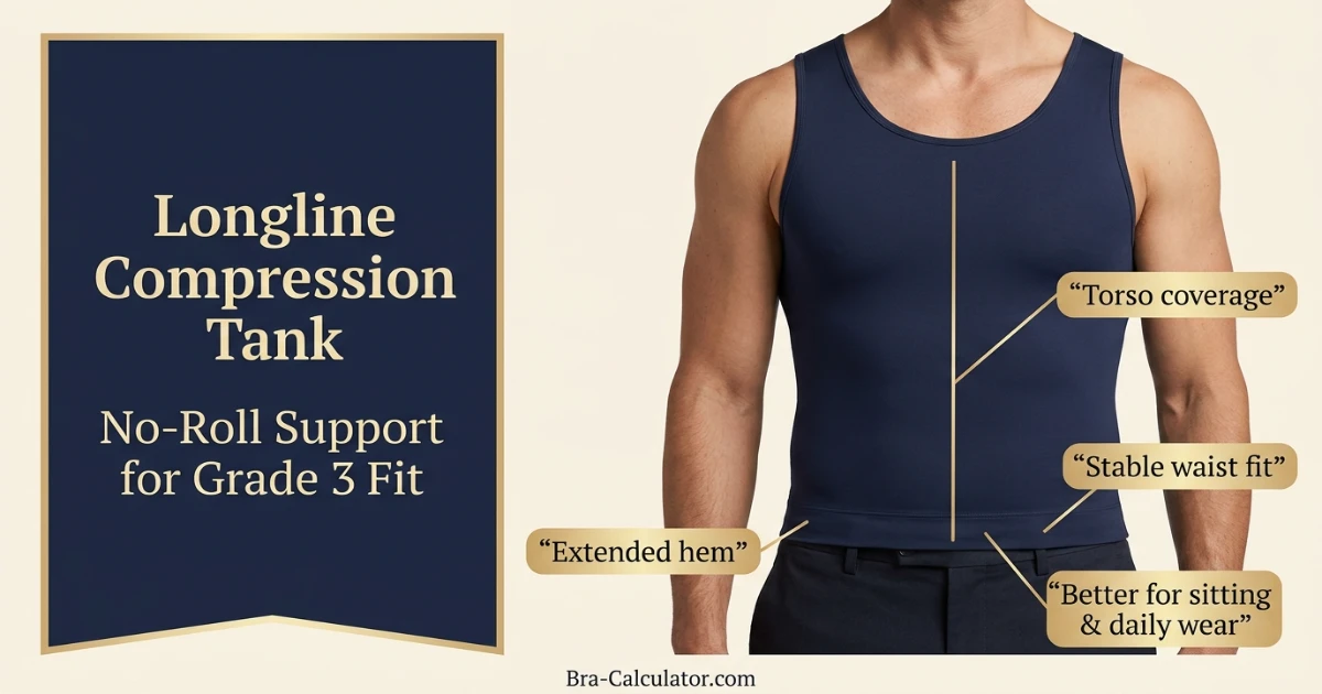 Longline compression tank for Grade 3 gynecomastia no roll support