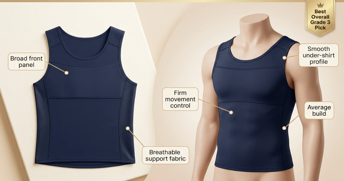 Wide panel compression vest for Grade 3 gynecomastia support and movement control