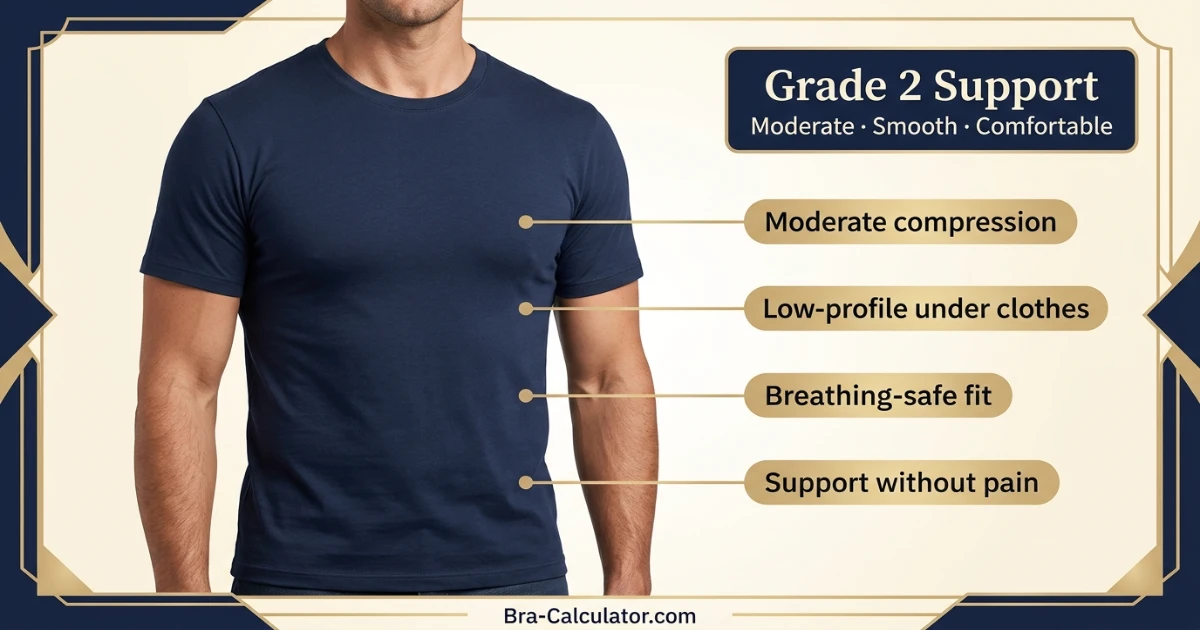 Gynecomastia Grade 2 bra guide with moderate compression support and discreet clothing strategy