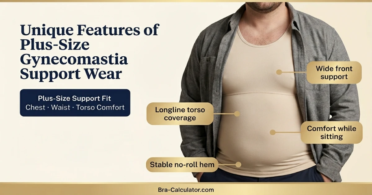 Plus size gynecomastia bra guide showing longline compression support and no roll comfort