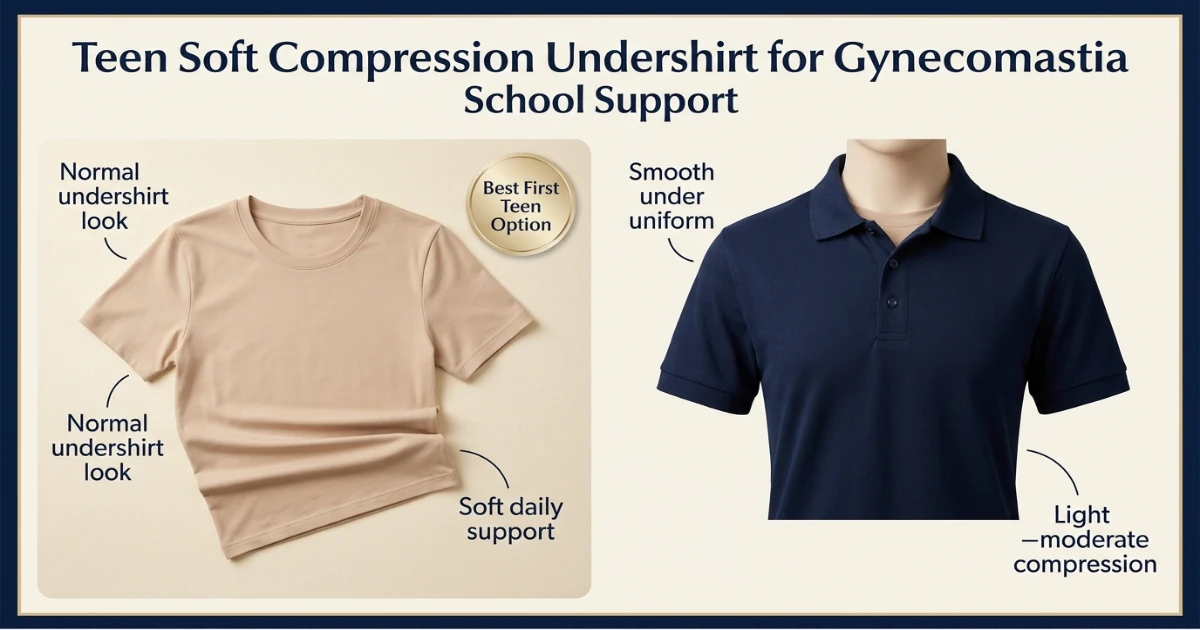 Teen gynecomastia bra guide showing discreet school support and soft compression base layer