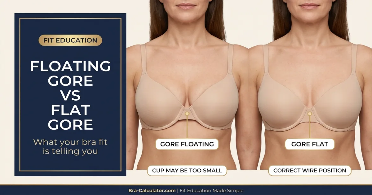 Bra center gore not laying flat guide showing floating gore caused by cup too small versus correctly positioned flat gore