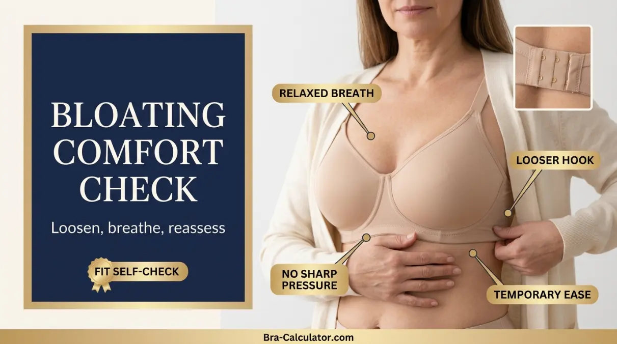 Comfort check for bra tightness during bloating including hook adjustment and relaxed breathing