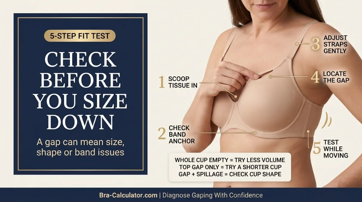 Five bra cup gaping fit tests including scoop and swoop band anchor straps gap location and movement