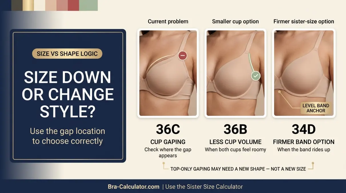 Bra cup gaping illustration showing when to size down or use a firmer sister size