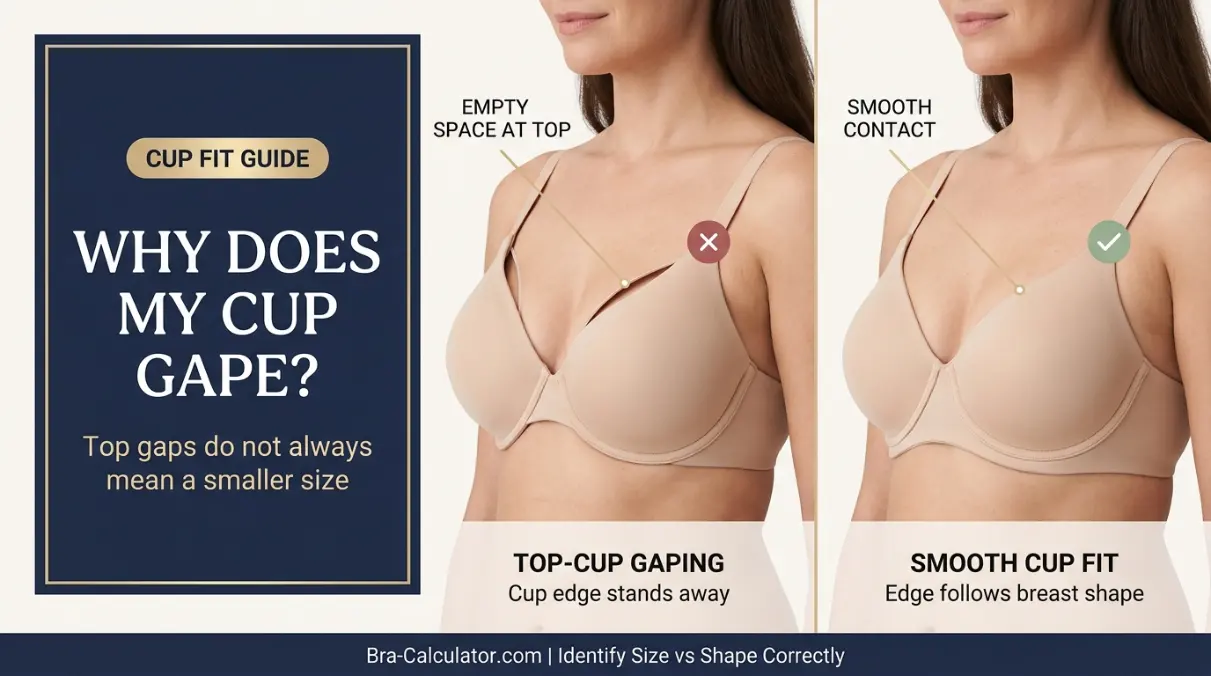 Bra cup gaping guide comparing cups gaping at the top with a smooth cup fit