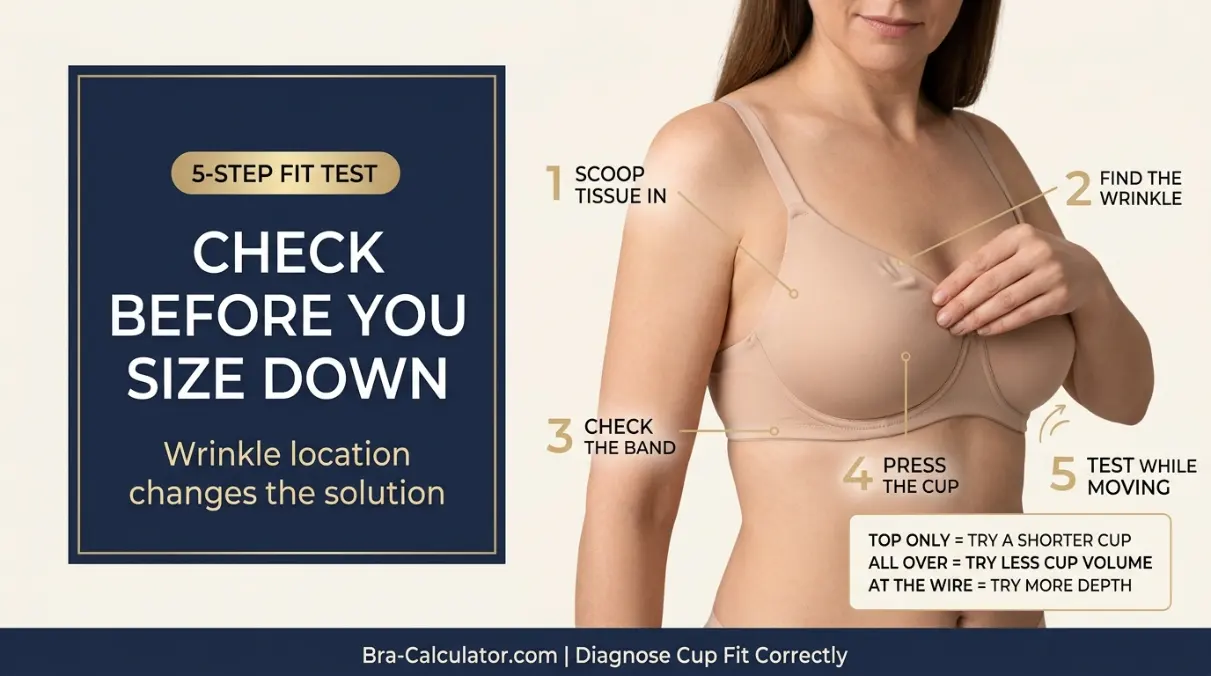 Bra cup puckering five fit tests showing correct scoop and swoop band test and wrinkle location identification
