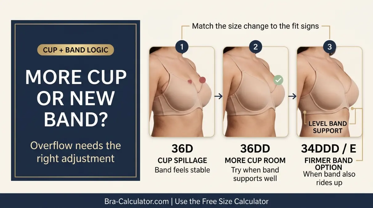 Bra cup spillage size adjustment illustration showing larger cup and firmer band options