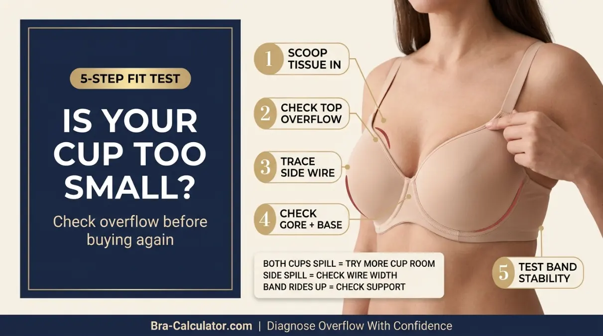 Five checks for bra cup spillage including quad boob side overflow wire position gore and band fit