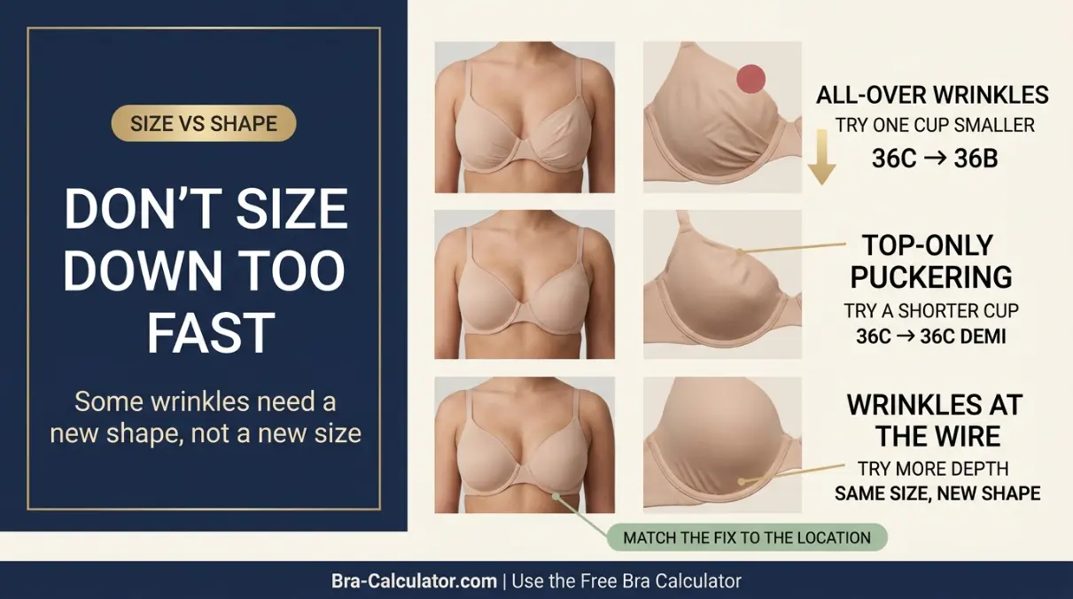 Bra cup wrinkle correction chart showing when to go down a cup size versus when to change cup shape or fabric