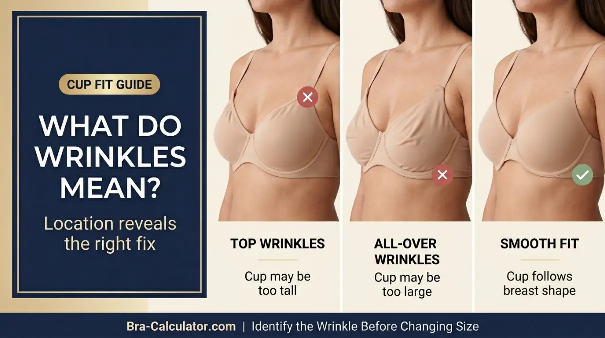 Bra cups wrinkled and puckering fit guide showing top cup wrinkle versus all-over wrinkle versus smooth fit