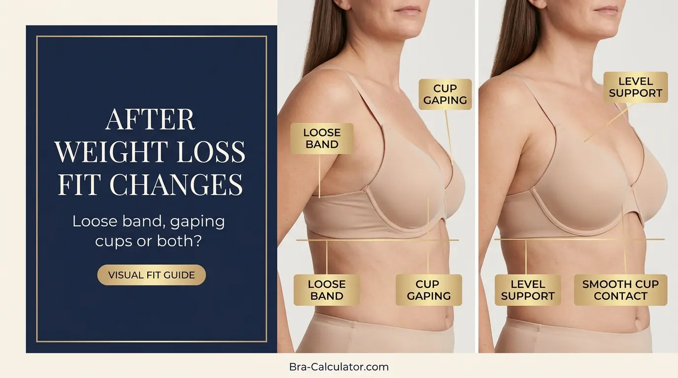 Bra fit after weight loss showing a loose band and cup gaping compared with a stable supportive fit