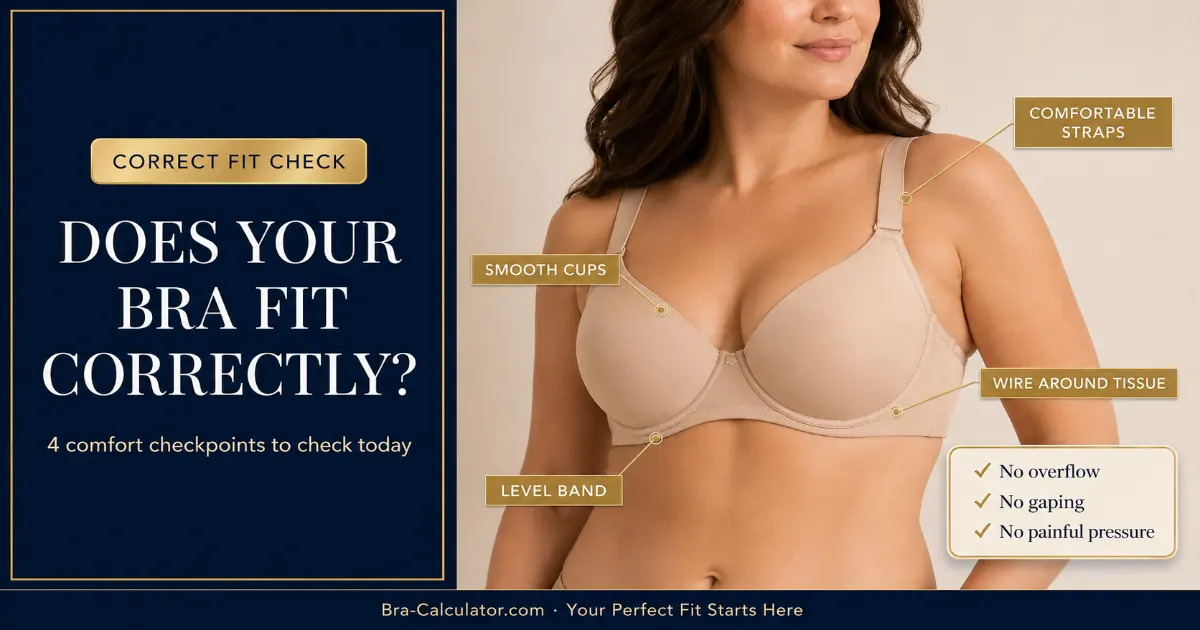 Correct bra fit checkpoints showing level band smooth cups comfortable straps and underwire around breast tissue