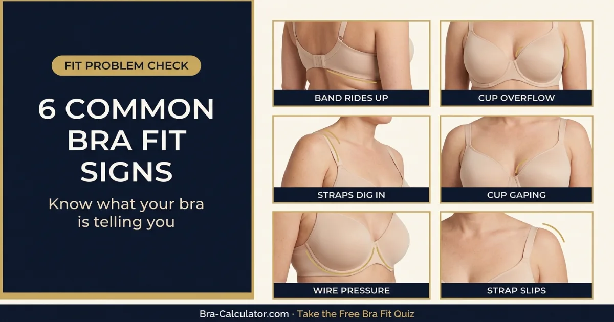 Six common bra fit problems including band riding up cup overflow gaping strap pressure and underwire discomfort