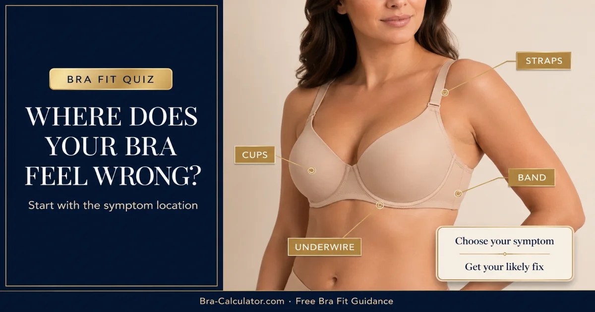 Bra fit quiz symptom map showing band cup strap and underwire fit problem areas
