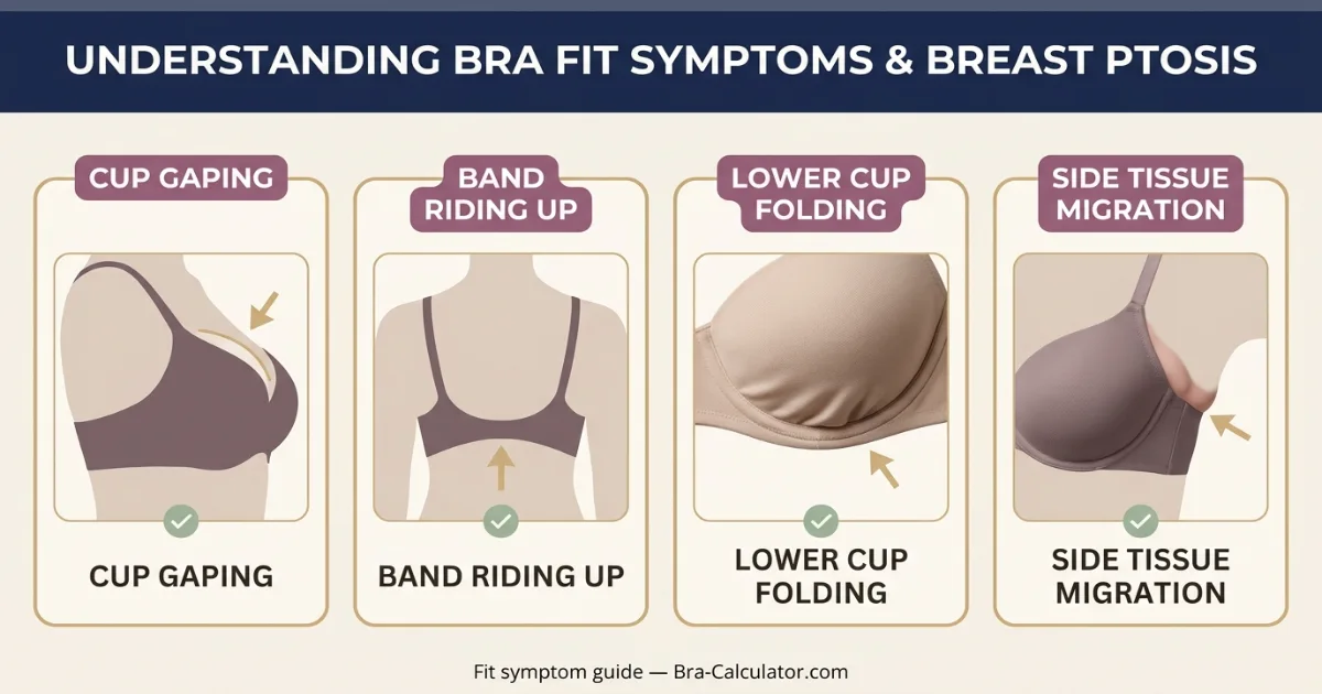 Common bra fit symptoms associated with breast ptosis including cup gaping band riding side tissue migration and wire poking