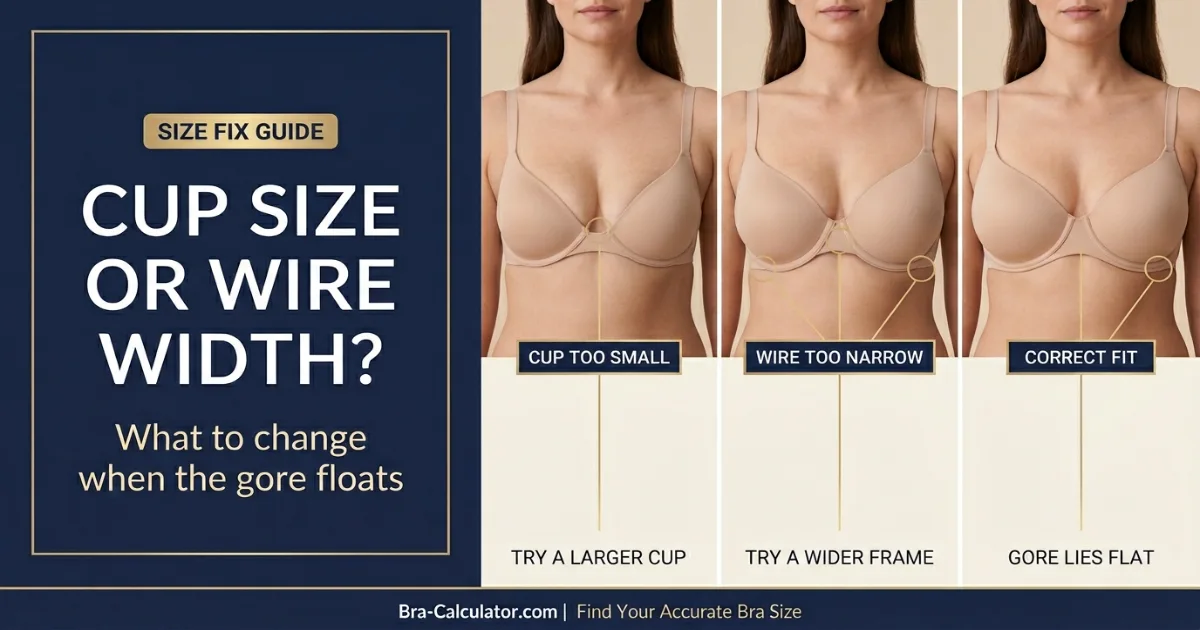 Bra center gore floating correction chart showing when to increase cup size versus change underwire width versus use sister sizing