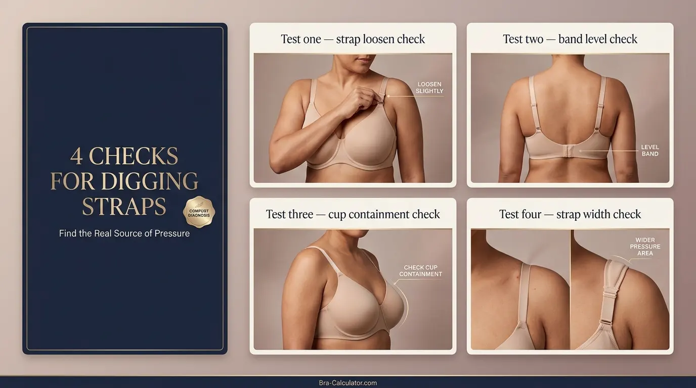 Four tests for bra straps digging in including strap loosen band level cup containment and strap width checks