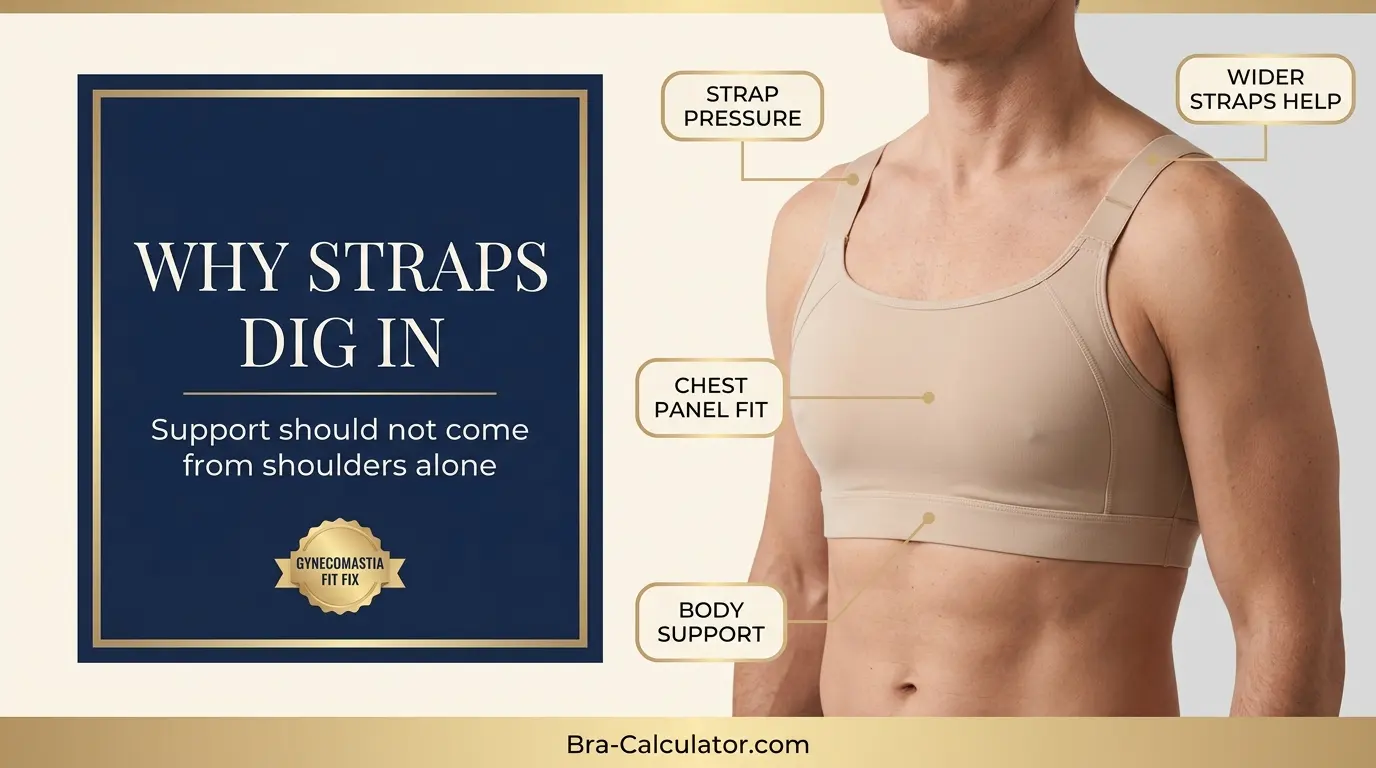 Bra straps digging into male shoulders from gynecomastia support showing strap pressure and fit correction points