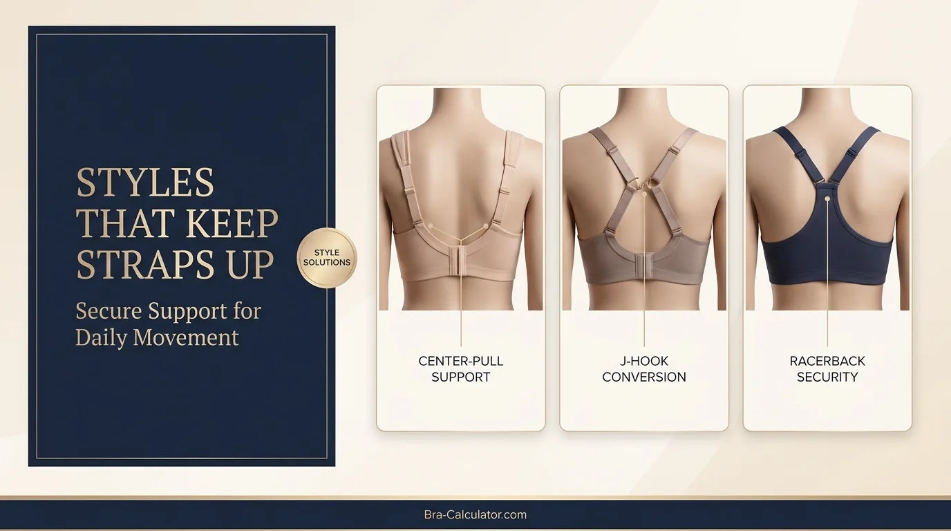 Best bra styles for straps that keep falling off showing center pull J-hook and racerback options