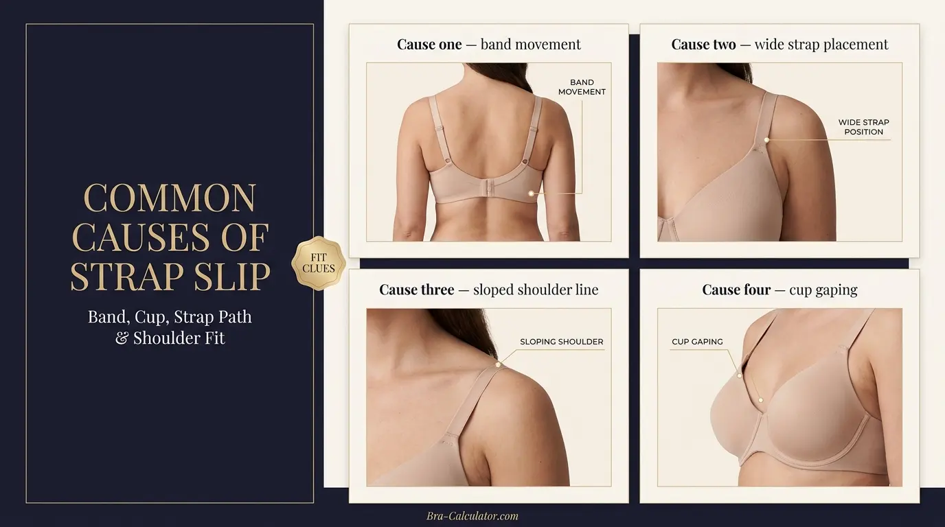 Bra strap slipping causes infographic showing loose band wide strap placement sloping shoulders and cup gaping
