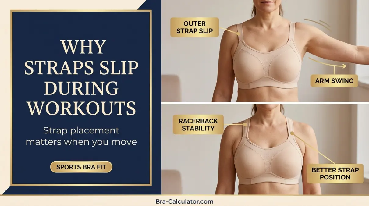 Sports bra strap slipping during workout compared with stable racerback strap placement