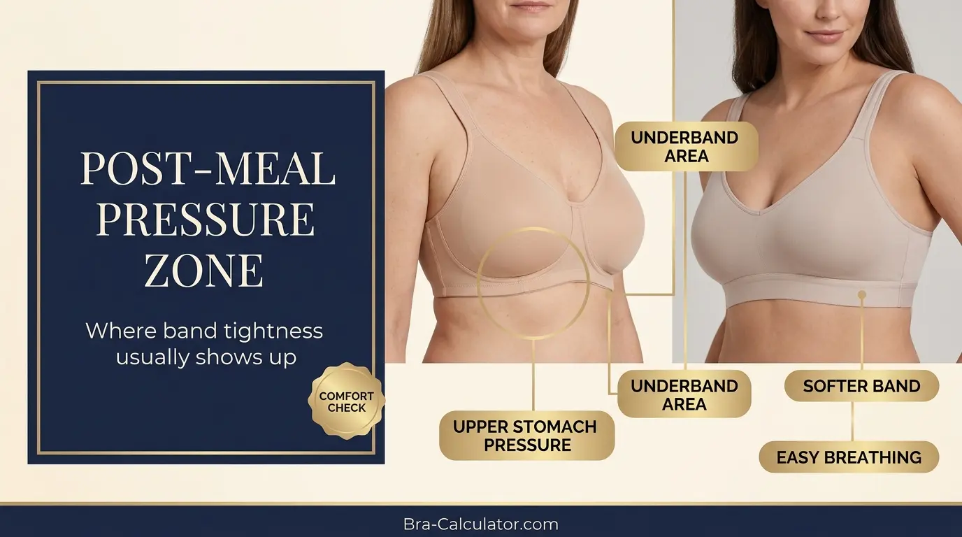 Bra too tight after eating guide showing underband pressure area after a meal and a comfortable fit alternative