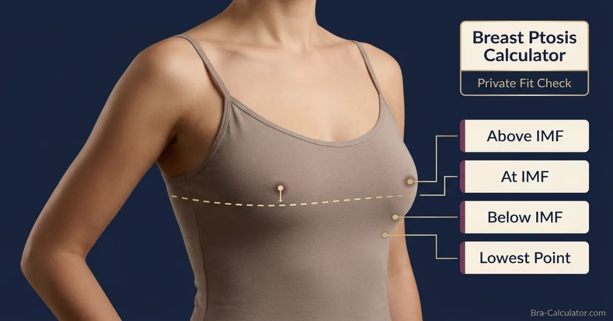 Breast ptosis calculator showing IMF line method, nipple position grades, and supportive bra fit categories — Bra-Calculator.com