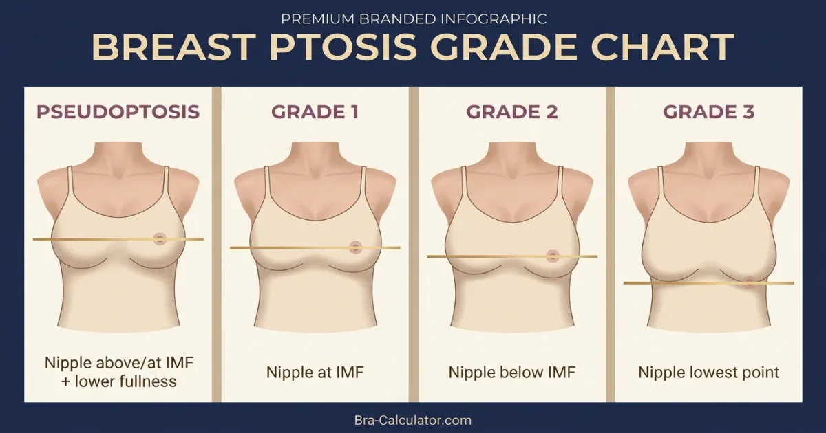 Breast ptosis grade chart comparing pseudoptosis Grade 1 Grade 2 and Grade 3 with IMF reference line and educational bra-fit guidance