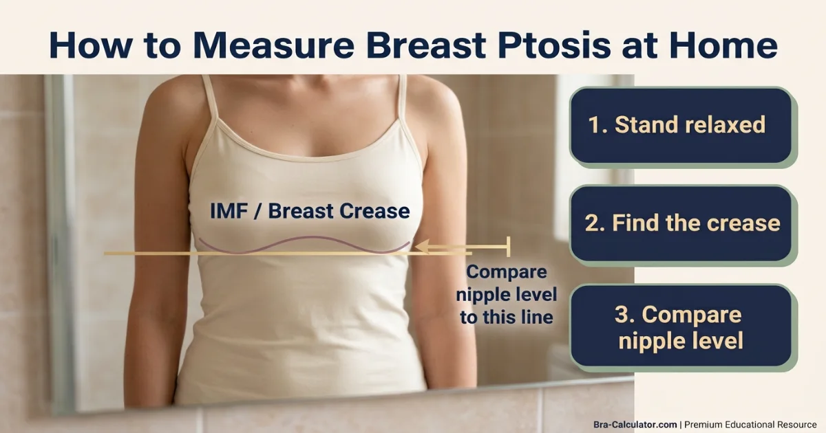 Breast ptosis IMF measurement guide showing nipple position comparison above at and below the inframammary fold with educational diagram