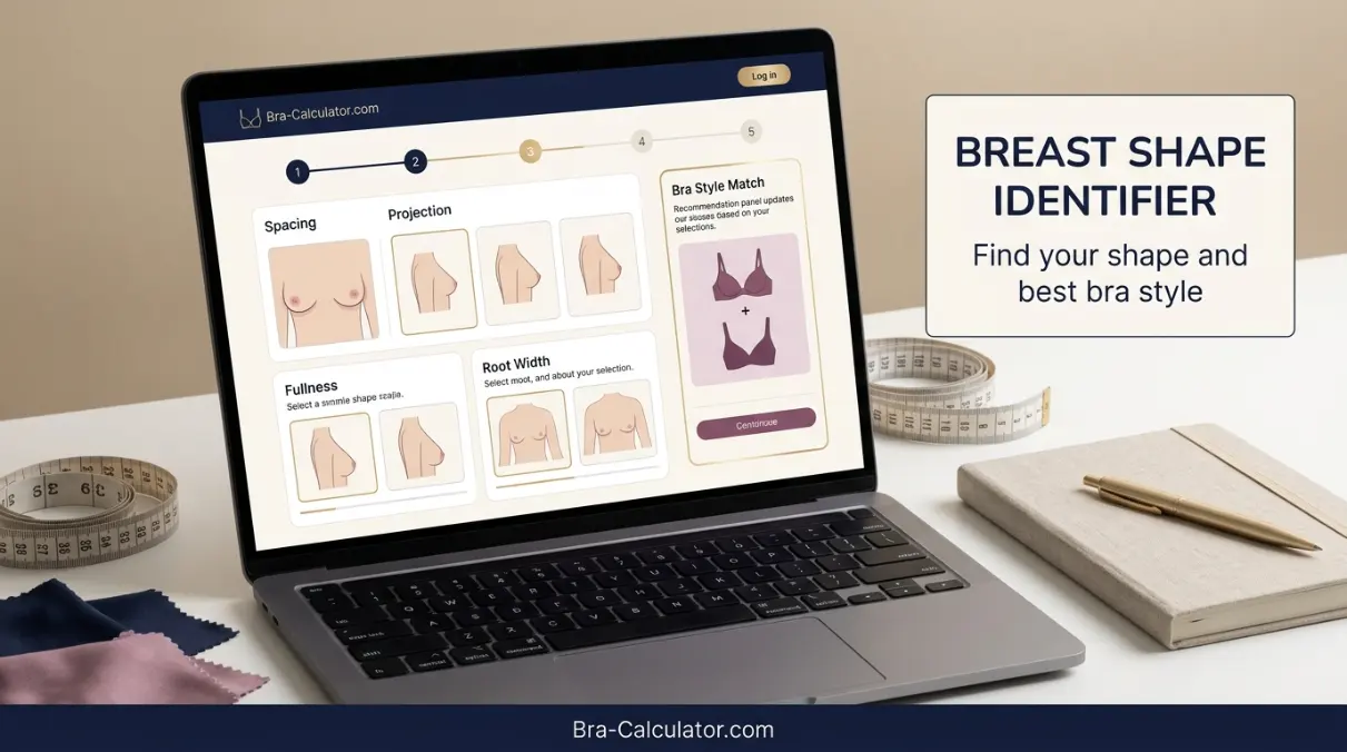 Preview of the Breast Shape Identifier tool on bra-calculator.com showing shape analysis questions