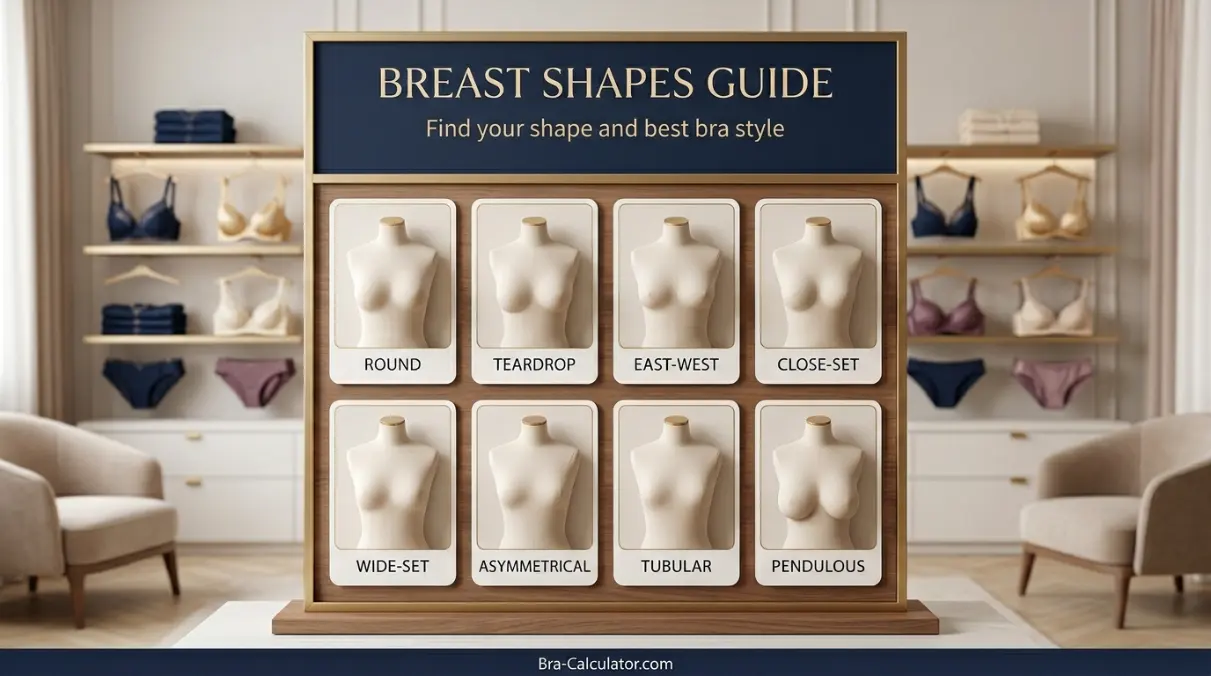 Overview illustration showing all breast shape types — round, east-west, close-set, tubular, pendulous, and asymmetrical