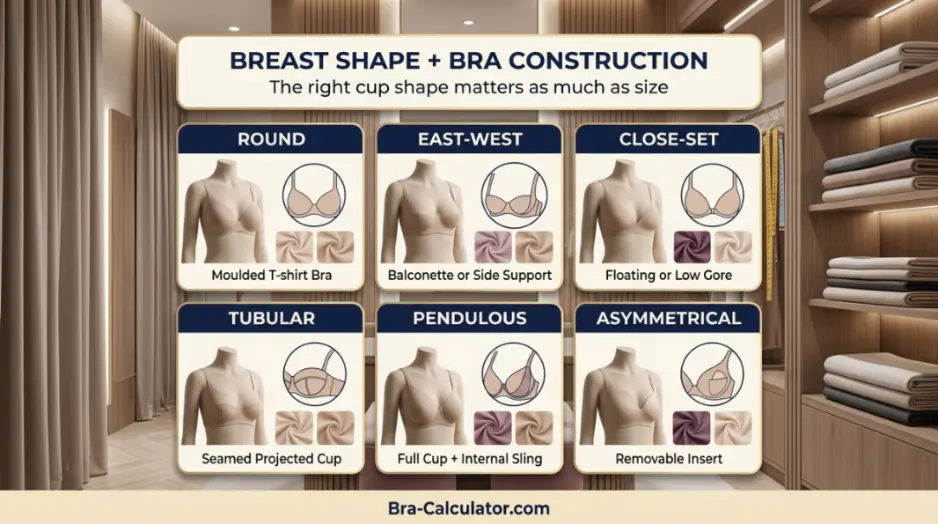 Chart matching each breast shape type to its ideal bra cup construction — moulded, seamed, plunge, balconette