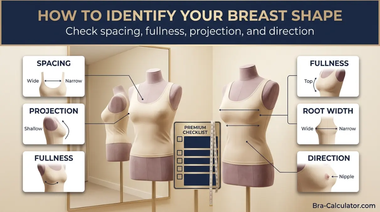 Step-by-step visual guide showing how to identify your breast shape using mirror method and fullness distribution