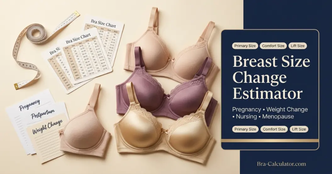 Breast size change estimator hero with soft tape measure, bra size chart, and supportive bras