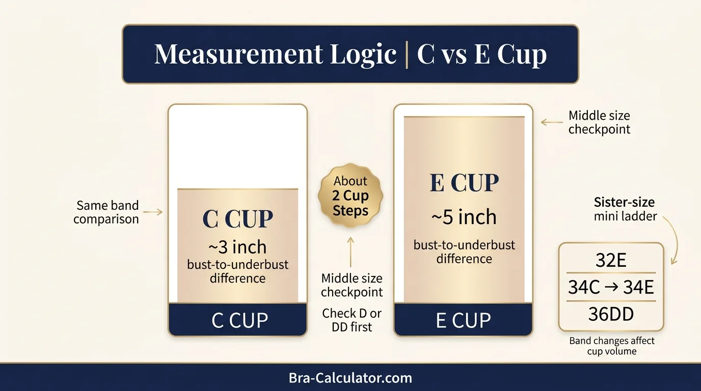 C Cup vs E Cup measurement and sister size guide showing cup depth and band relationship