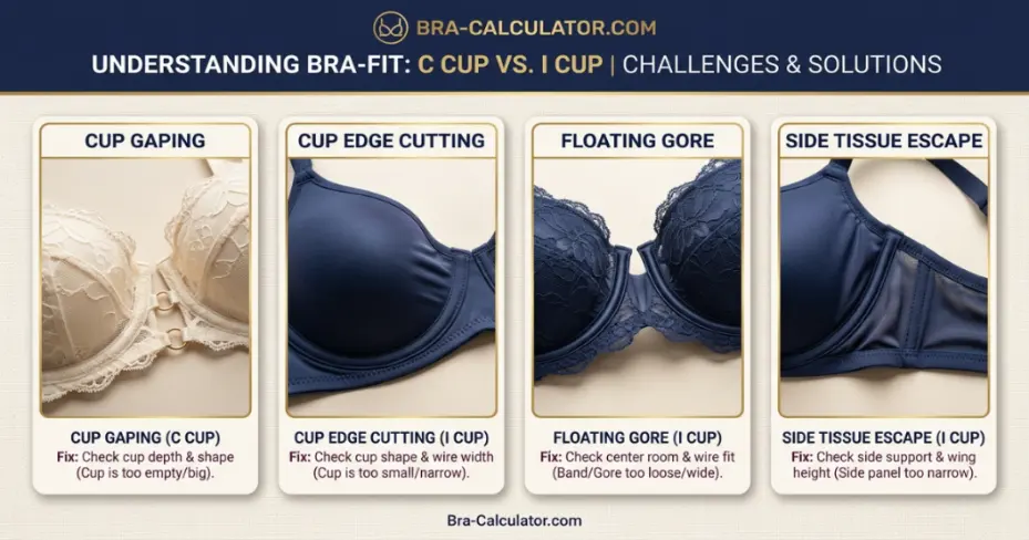 C Cup vs I Cup fit problem diagram showing gaping spillage floating gore side tissue and strap pressure