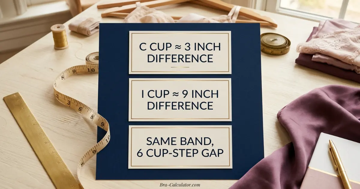 C Cup vs I Cup measurement diagram showing bust minus underbust cup depth difference