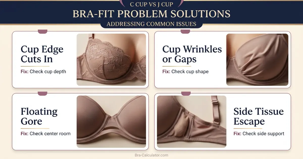 C Cup vs J Cup fit problem diagram showing gaping spillage floating gore side tissue and strap pressure